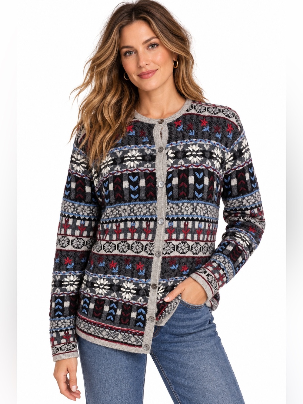 Vintage Talbots Wool Fair Isle Cardigan Embroidered Nordic Folk Cottagecore S